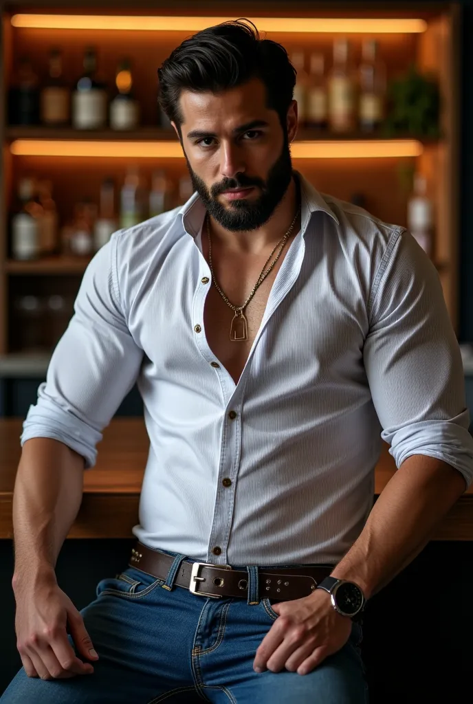 Nicholas Alexander Chavez, handsome white and black shirt, bearded and muscular man, very handsome and manly, intricate, elegant, Sharp focus,  soft lighting, masterpiece, in an minimalistic bar, bien iluminado, sexy Whole body, blue jeans con estoperoles ,big bulge  , elegant sexy hot, thick belt with studs, strong and muscular legs,  big lump male hands , very handsome , perfect hands Striped shirt sitting , flexing one arm ,