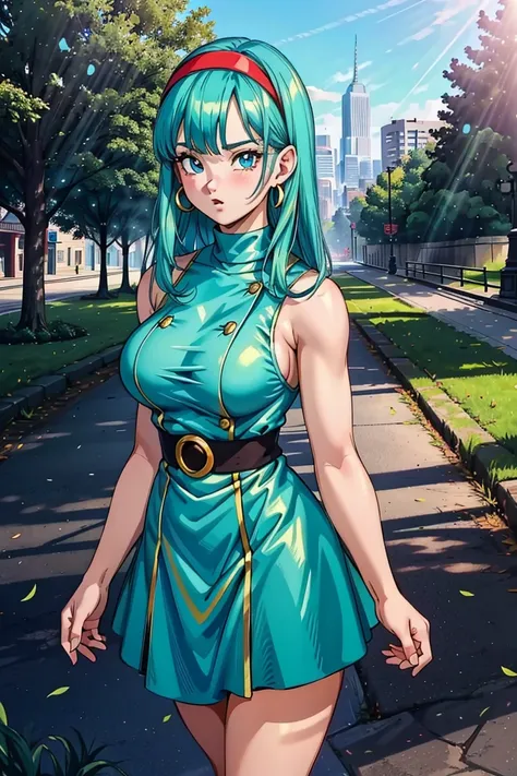 (masterpiece:1.2),( high quality:1.1), bulla,pout, long hair, straight hair,bangs, aqua hair, blue eyes, mascara, long lashes, hairband, red hairband, earrings, bodycon dress, sleeveless, city park, trees, grass, sunshine, blurry background,(looking at vie...