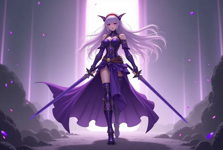   masterpiece  ,best quality,height,ultra-detailed,Yuki (star),Pointed ears,Long hair,Ahogge,red headband, Leonard , Purple Open Shoulder Steel Armor, Purple Sleeve ,Split arm,Purple gloves,  Classic Purple Longsword  ,belt,Long skirt,(Purple Skirt :1.2),B...