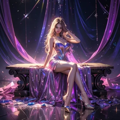 4K, UHD, masterpiece, Best quality, 1 girl, detailed face, detailed eyes, realistic Eyelid, Kda, Alone, very Long hair, ((bright sparkle dress)), ankle-length skirt, looking at viewer, Multicolored glowing crystals, heart sparkle, glowing sparkle, bloom, r...