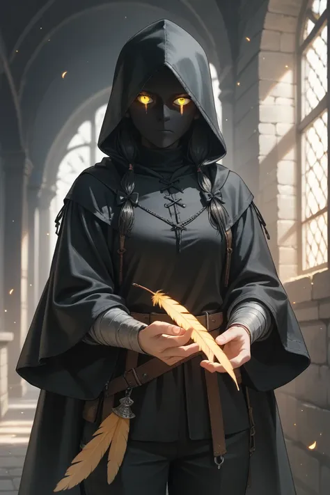 kenku, medieval setting, black feather, black hood, black top, black pants, yellow glowing eyes, holding a bow, dungeon background