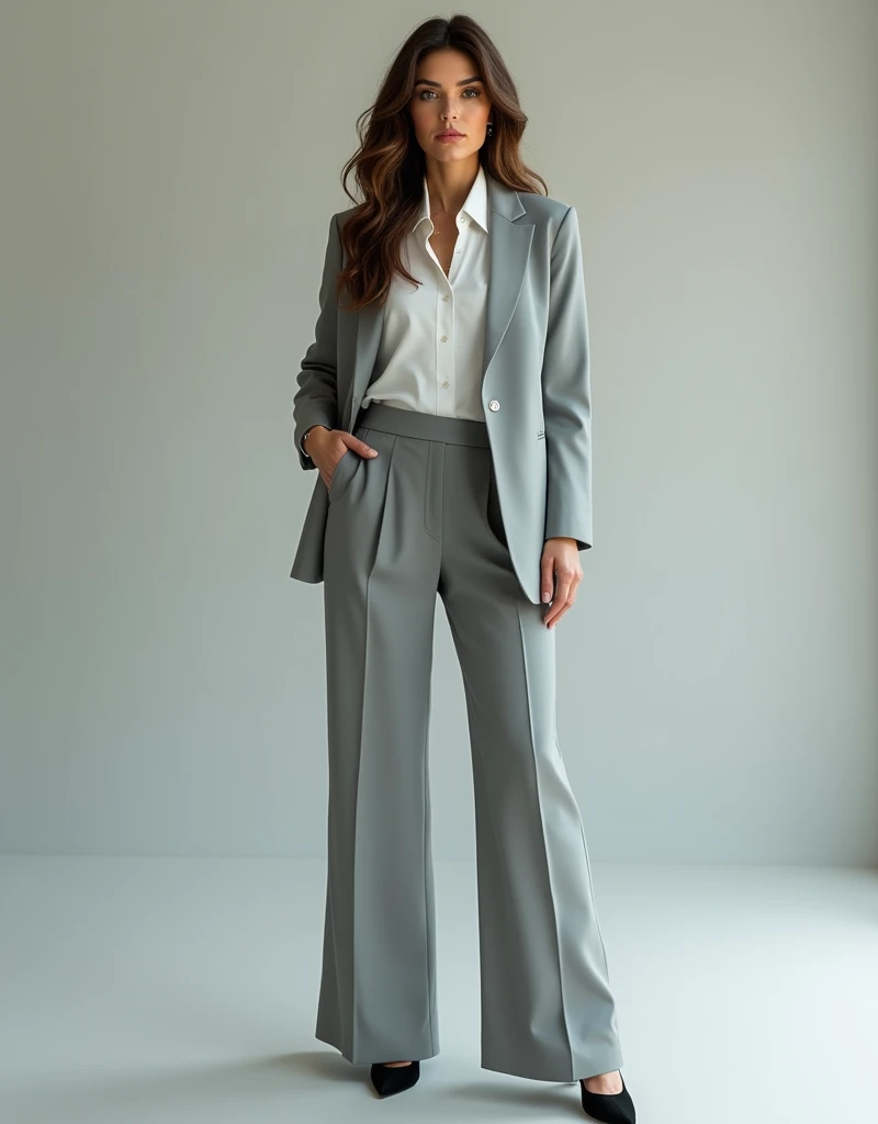 beautiful woman. king, with loose wavy and long hair . 40 years.  office suit .  Very wide light gray pants . light gray jacket  .  Under the jacket is a white shirt with very large collars above the lapels.  The sleeves of the shirt stick out of the jacke...