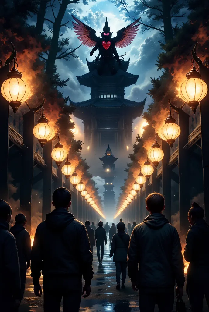 A group of mysterious monsters from the misty forest, western monsters and eastern yokai walking in a line towards the viewer, holding lamps and lanterns that cast an eerie glow, a procession inspired by the Japanese Hyakki Yagyō, with detailed descriptions only where the light shines, silhouette-based human figures, cinematic lighting, moody atmosphere, highly detailed textures and materials, high resolution, photorealistic, masterpiece