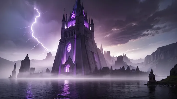  Imagine an enigmatic city erected amidst a vast lake of dark purple waters that shine lightly under a dense and mysterious mist.  In the heart of the city , an immense imposingly shaped obelism ,  its structure stands out at the center of this surreal set...