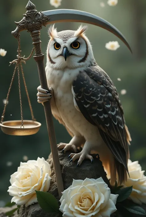 owl, a scythe, White Roses and Scales of Justice 