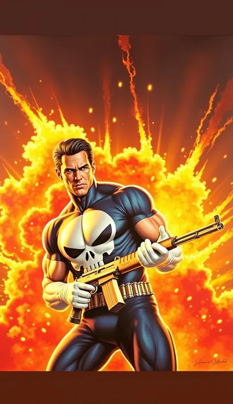 Create an oil painting of a strong, intense The character is punisher, a handsome, Athletic man with dark brown slick hair. His physique is exceptionally defined, with prominent abs, broad chest, and very thick veiny arms. He painted all his body dark blue...