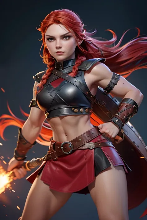  Young Viking woman , warrior,  long red hair tied in a single braid , bushy eyebrows, fierce expression,  combat posture ,  looking at the camera ,  amazonian body ,  strappy leather top ,  muscular shirt , leather armor, fur skirt,  top quality,  masterp...