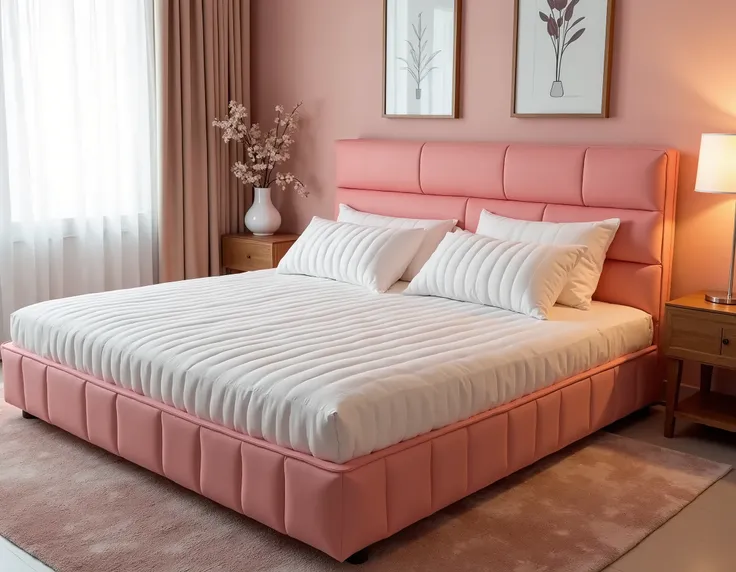 Generate a bed regardless of its dimensions that has a padding with white and pink lines 