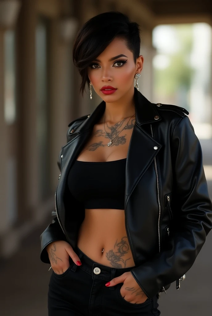  Beautiful short black haired Colombian girl dressed in a leather jacket where you can see her belly black pants shiny earrings red lips false eyelashes red nails tattoos on the body , 
Three-dimensional effect seen in the distance 