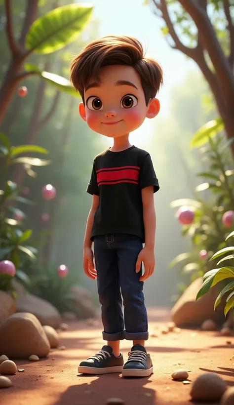 a boy 12-year with brown hair wears a black shirt with dark red stripes, dark blue pants , and gray shoes Disney Pixar