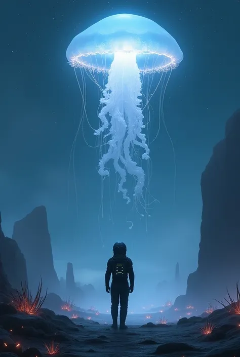 Astronaut in beautiful black suit standing looking at giant jellyfish glowing in the sky