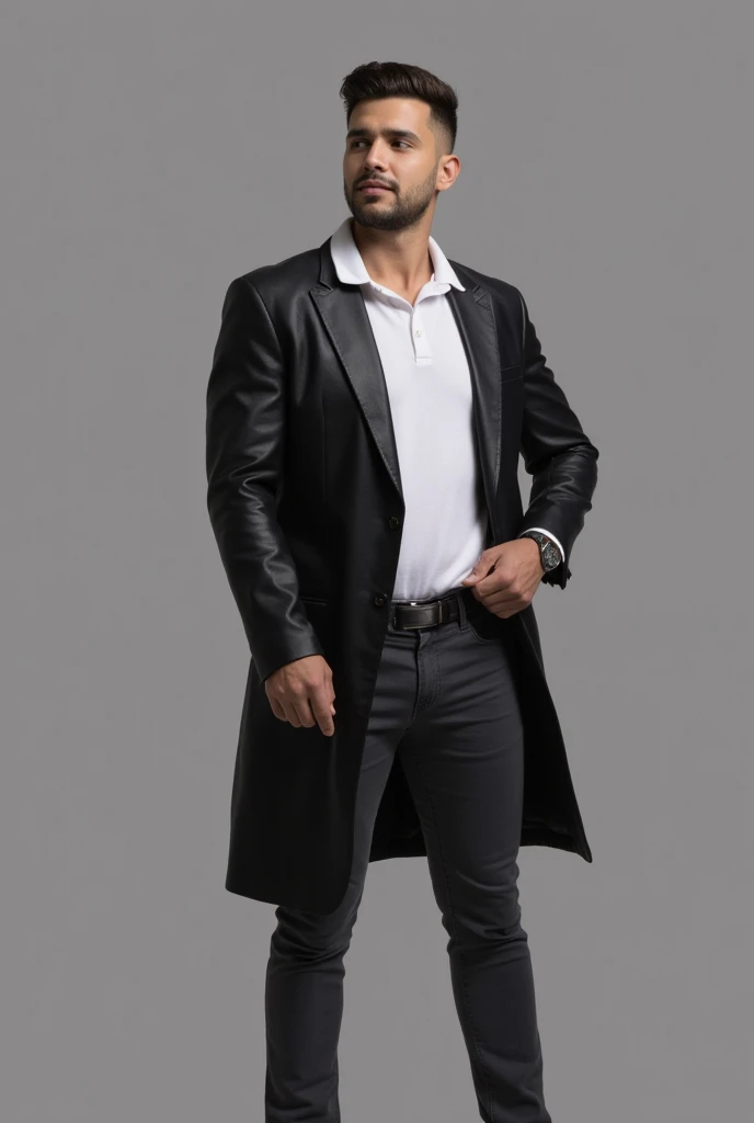 Un hombre blanco barba afeitada con chaqueta de cuero cierre  negra elegant ,shirt collar jacket ,  with open legs  ,leather jacket , black leather jacket, with camel camel night leather ankle boots, elegant, white collar polo, camiseta blanca, con reloj e...