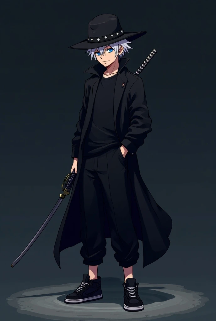 Gojo Satoru with a hat on black and that he has adventure clothes and that is pixel art that he has a katana and I want the clothes to be more modern, that is, black pants and Jordan type sneakers in black and for the shirt to be black with a long jacket.