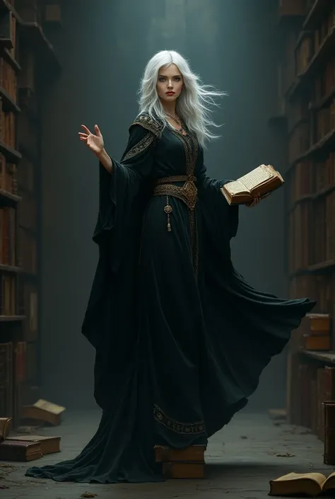 A mysterious sorceress with white hair and a black cape, with shining eyes and an ancient book in her hands, posed on the tip of a finger. The background is an old, blurry library.