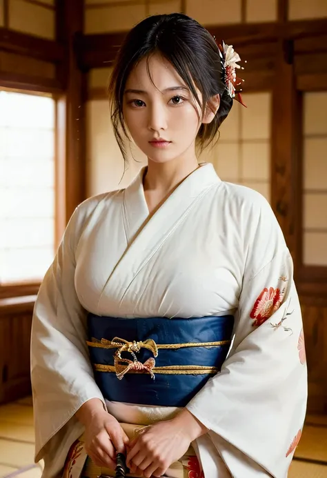 beauty female samurai, she has long black hair, wearing kimono, armed with a katana, dojo room, detailed body shape, perfect bea...