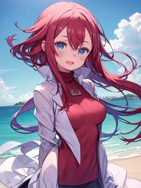  A cute woman standing on a hill with a view of the ocean has a big smile on her face、Open your mouth a little、Red Hair、Hair between the eyes、 straight long hair、 blue eyes 、 big breasts at the temple、 turtleneck sweater 、Red clothes、 wind is blowing、海の見える...