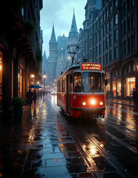 a rainy urban street scene. In the center, there is a vibrant red vintage tram with a glowing headlight, reflecting on the wet cobblestone street. The tram is surrounded by tall, old buildings with darkened windows and intricate architectural details. The ...