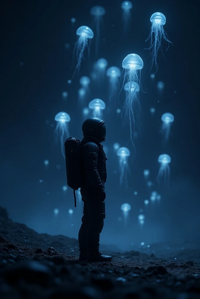 Astronaut in beautiful black suit standing looking at glowing jellyfish flying in space