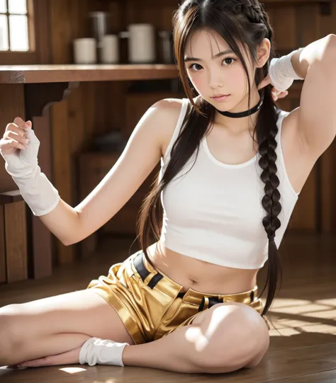  famous Japanese idol , 18yo, Golden Armor,  sleeveless shirt,  shorts made of metal,  long gloves made of metal , Long brown hair,  hair braided on the side , Thready hair,  Expressive Hair ,  well-groomed, thin, lowered eyebrows , Light-pigmented eyes,  ...