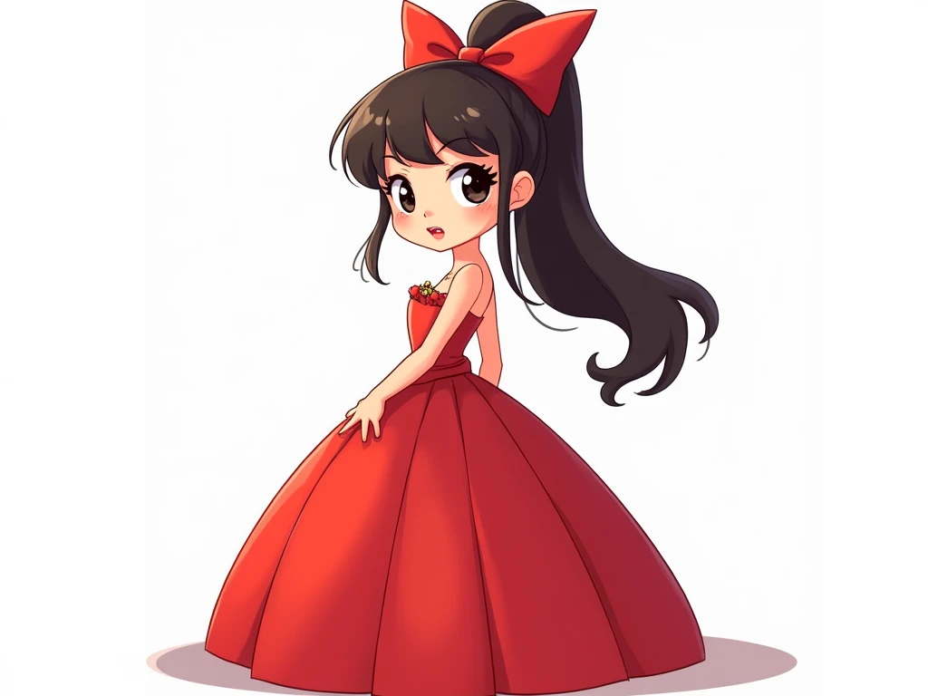   with a sweet face and dark eyes 、A beautiful girl with long dark brown hair 、 tied to a ponytail with a large red ribbon ,  in a big red princess-style dress ,  She is posing with her back turned to her side、I will create it with a cartoon or 1D caricatu...