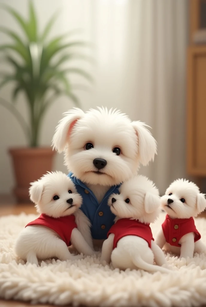 White Maltese dog with blue vest playing with his puppies all wearing red vests