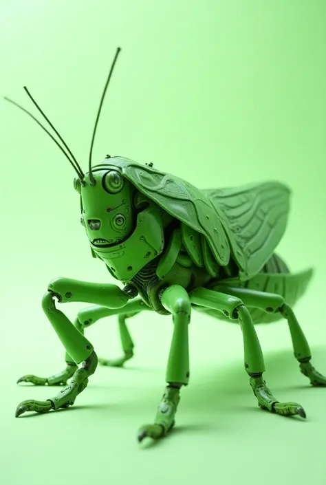 "Create a detailed, close-up image of a large green grasshopper with a futuristic, robotic, and slightly surreal design. The grasshopper should have intricate textures, smooth, stylized plates, and segmented limbs that resemble metallic or biomechanical co...