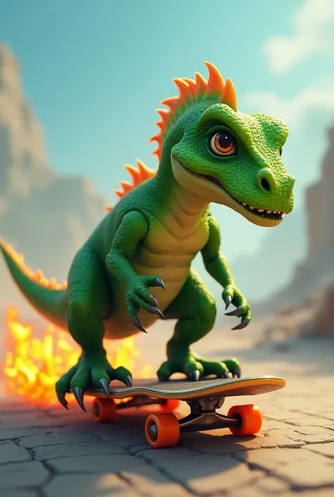 Create a green dinosaur on top of a skateboard with a flamed bottom