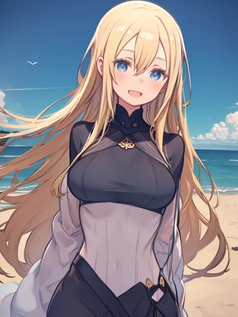  A cute woman standing on a hill with a view of the ocean has a big smile on her face、Open your mouth a little、 blond hair、Hair between the eyes、 straight long hair、 blue eyes 、 big breasts at the temple、 turtleneck sweater 、 wind is blowing、 upper body、Eu...