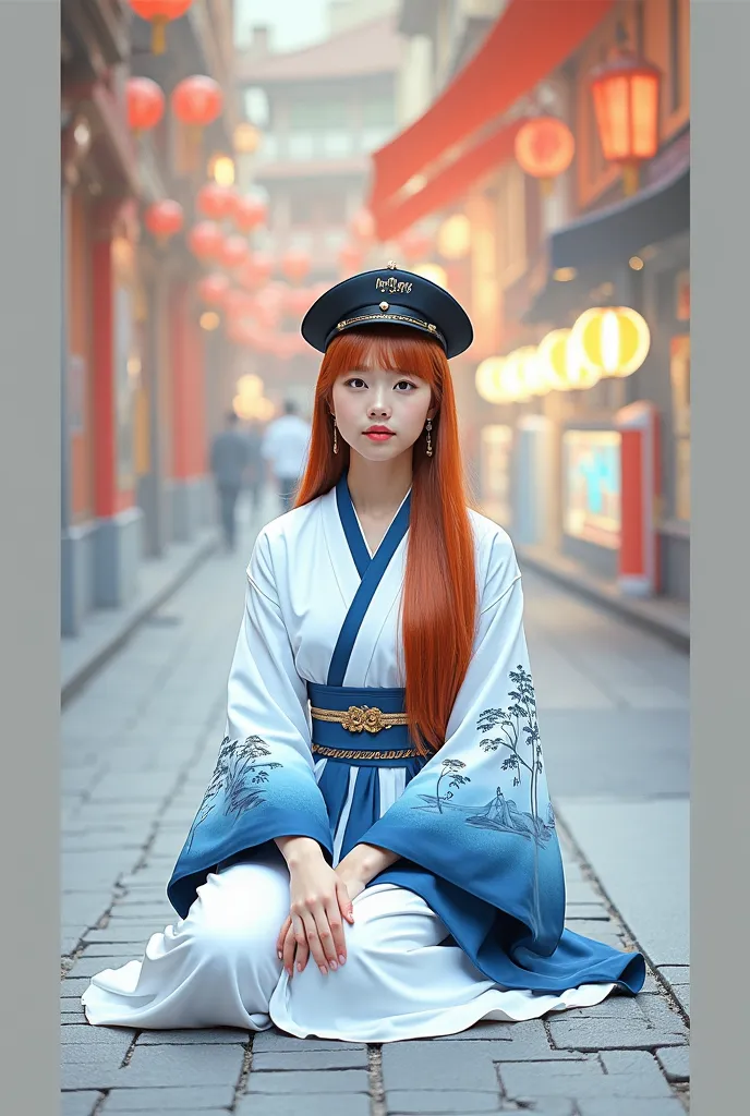  Beautiful Chinese girl , white kukit ,  straight red blonde hair ,  wearing a black hat inscribed  "mr.Tong",  sitting on the roadside with a view of the wall street art ukiyo-e painting wallpaper and buildings 🏢.