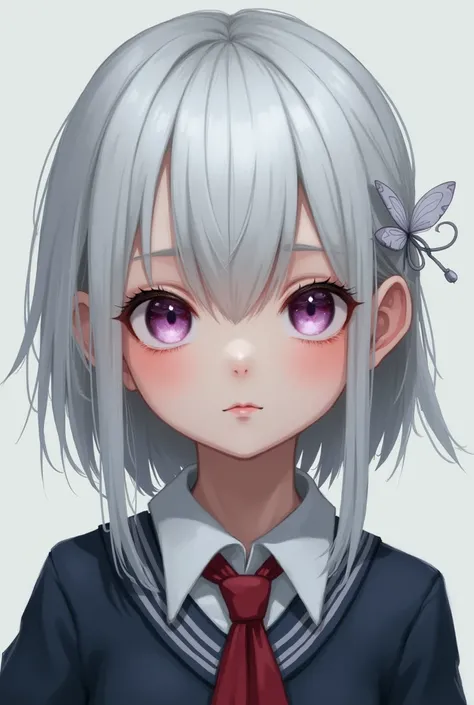 A boy with shoulder-length white hair tied in half his head, his eyes purple and pink, wearing a school uniform. 