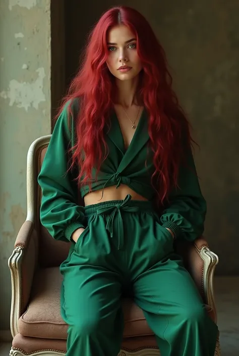 Fille aux longs cheveux rouges vin avec des yeux gris électriques avec une peau de couleur chair avec un pantalon vert large et un court chemisier noir large 