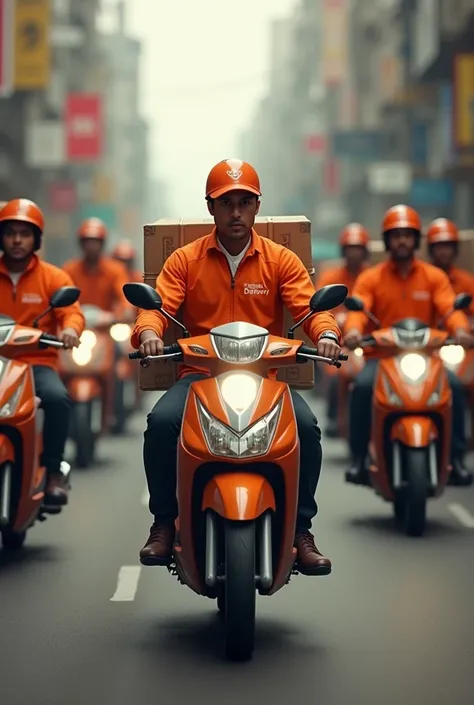 A delivery man in motorbike with parcels and couriers in orange uniform brand name is karthik delivery 