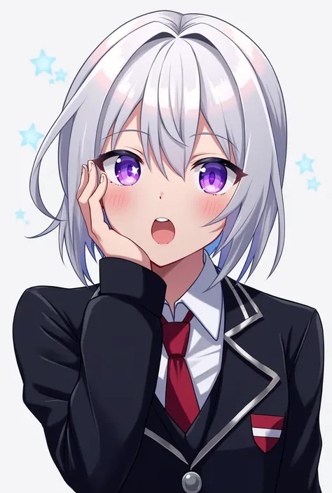 Man with shoulder-length white hair tied up with purple eyes pink wearing black school dress, anime with stars in his eyes