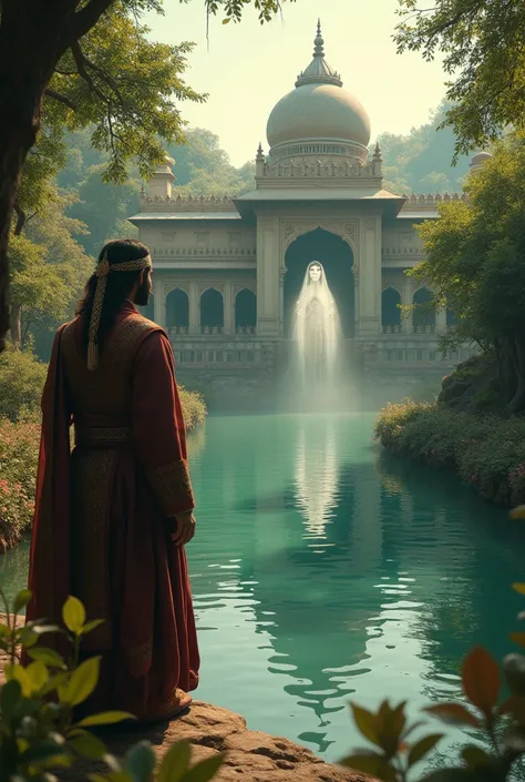 A very clear ultra HD cinematic image of " When Alauddin saw the queens image in water, he was mesmerized by her beauty but felt deceived.
