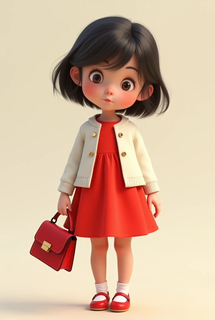 A small girl with a hand bag wear red and white 
