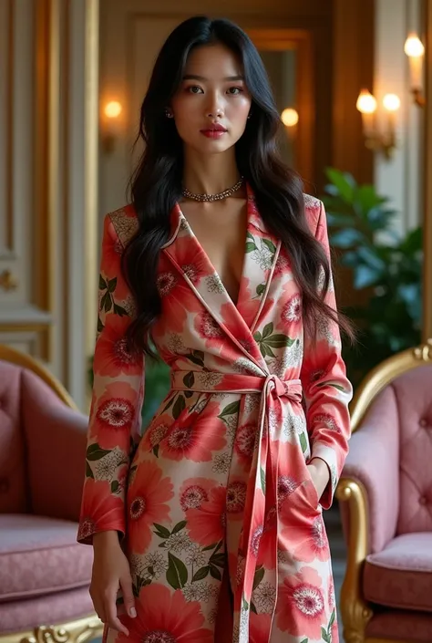 Create an asia girl model with fashion from big flower and smaller white flowers, she is very taller than people in the luxury room