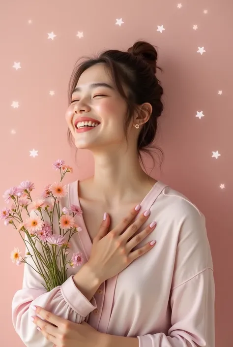 Realistic photo Happy woman,  touching its heart with flowers . Everything is neutral light pink .  Around it are several faint clockwise 