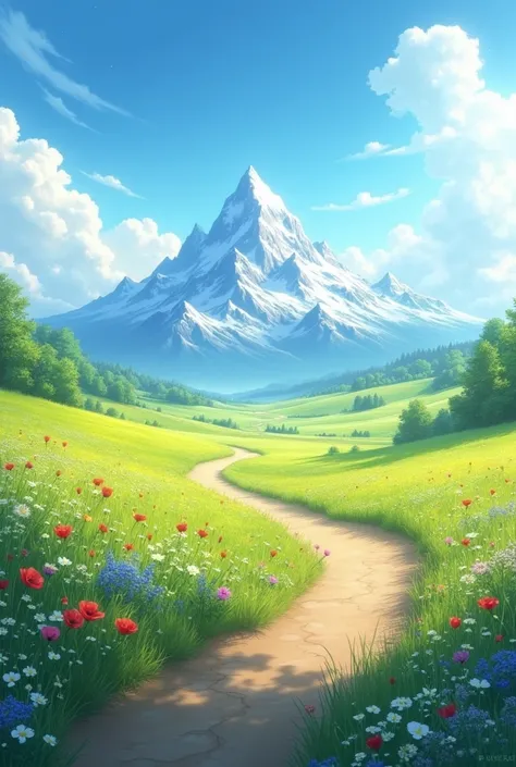 Blue sky with mountains and a path made of flowery green field 