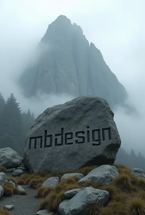  On the large rock at the base of the mountain , Engraved inscription  "MBDESIGN " with a large font made of stone carvings,  visible from a distance despite the thin mist surrounding the stone,  creates a very strong and memorable visual effect .