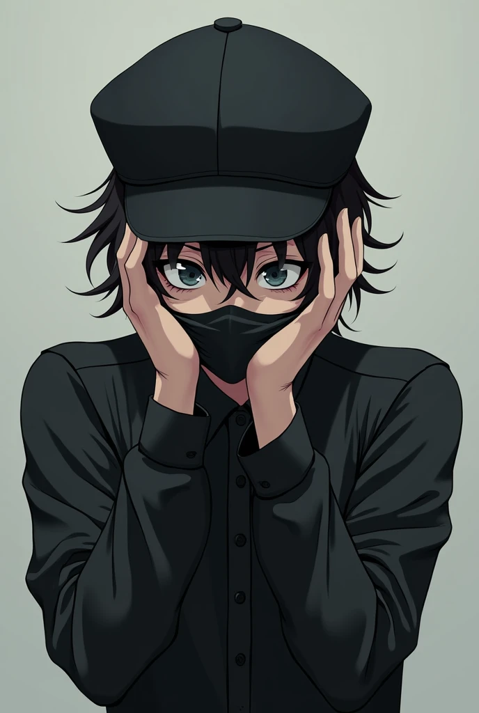 Avatar with anime traits, with black cap,  black blouse with cap on top of cap, mask in the mouth, Frightened with hands on head , masculine features