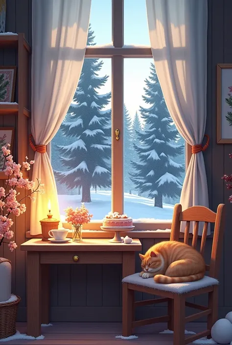 Create the wooden room with a table and flowers on them, cup of tea in the snow morning in neither land. There are many pines outside under snowy looking through the window with white curtains, candles and cake, cat is sleeping on the chair 