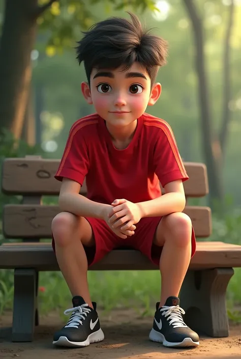 boy,17byears ,Photorealistic style, husky,bushy eyebrows, round face,  dark brown eyes ,  short dark brown hair  , hairstyle back , red sports t-shirt with red armpit stripes,,red sports shorts , black sneakers with white ornaments and sole . sitting on a ...