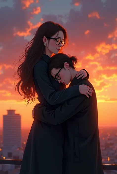 A cheerful tall girl in a long black coat and glasses ,  with long brown hair hugs a short sad guy in a long black coat and glasses and long hair in a ponytail against the background of sunset on the roof