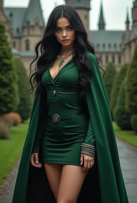 Pretty girl ,  light green eyes  ,  long black hair  ,  small waist ,  dressed as a slytherin, pretty , SILVER PLATED JEWELRY ,  robe ,  heavy makeup  , definite outline  ,  highlighter  , eyeliner , foxy eyes , pretty , sexy , black boots , baddie , Hogwa...