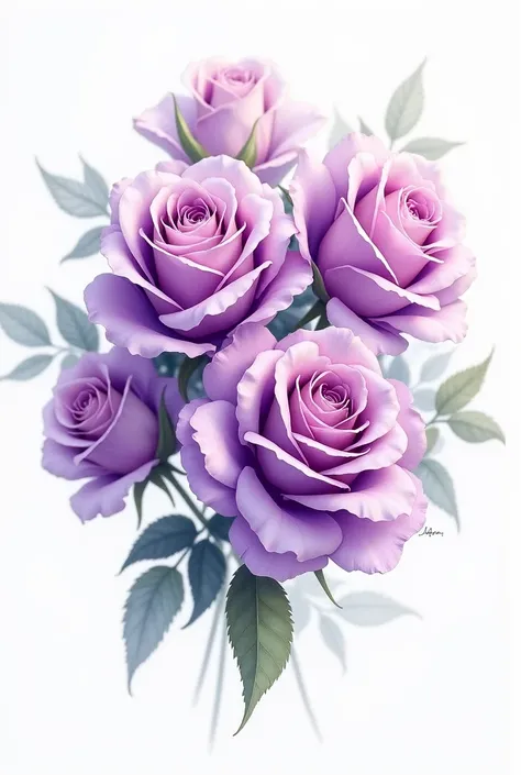 an image of A BOUQUET OF PURPLE ROSES, with shade,  drawing in watercolor paint in the middle of a white canvas