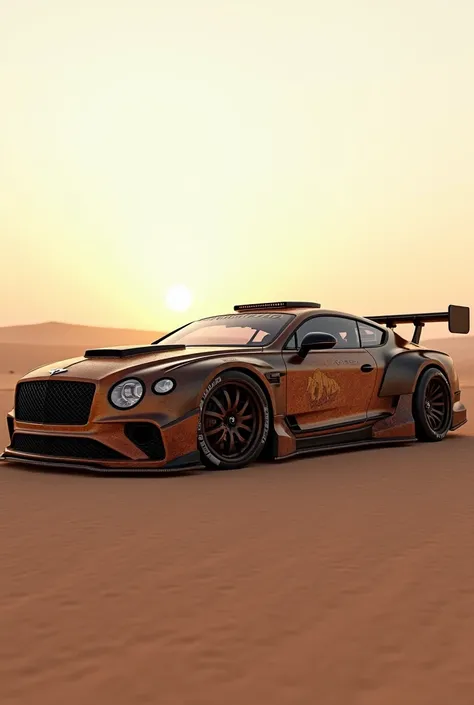 please show me rusty patina Bentley Continental in a desert landscape, golden hour light,amazing look, widebody, lowered, tuning,concept design, 3d realistic concept car render, 3d render, and unreal engine, concept design, octane render, 3d design, indust...