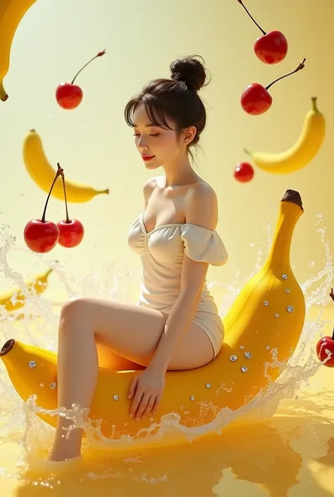 A beautiful Korean woman with smooth white skin, a perfectly groomed face, her hair tied up in a bun with Korean-style bangs, sitting on a yellow banana decorated with sparkling diamonds, floating upwards like a dream, with cherries also floating upwards l...