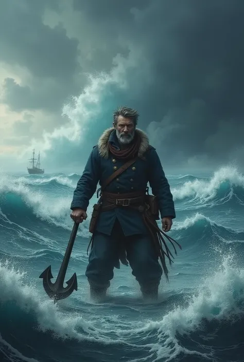 A lone sailor stands on a stormy ocean, clutching an anchor as waves rise like towering giants. Dark clouds cover the sky, and the scene is filled with cold, intense colors, reflecting the challenging night."