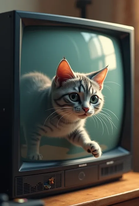 3D cat coming out of the TV