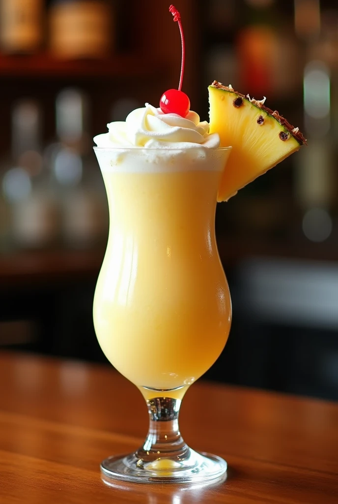 Realistic professional image of a pina colada alcoholic cocktail. On the bar counter